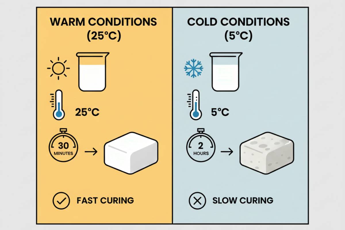 Diagram showing plaster curing more slowly in cold conditions