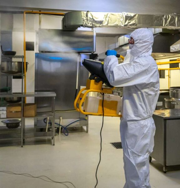 man in protective equipment disinfects with a spray gun industrial kitchen surfaces due to coronavirus covid-19 .Virus pandemic